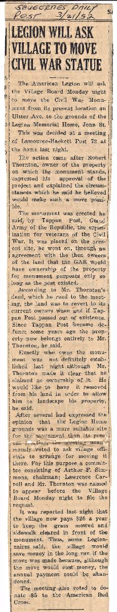 3/21/1952 News paper clipping regarding the move of the Soldiers & Sailors Monument to present location in Donlon Park
